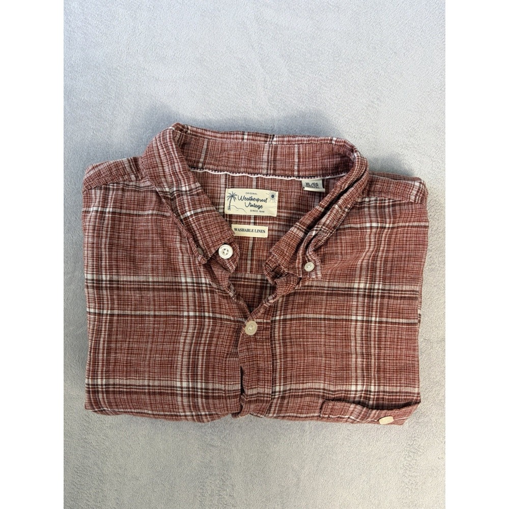 Weatherproof Vintage Mens Plaid Washable Linen Button‎ Down Shirt Size XL